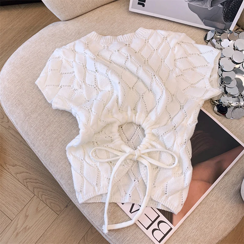 Women's Slim Fit Short Sleeve Knitted Top Back Strap Hollow out Diamond Pattern Summer New Style Breathable Fashionable Top