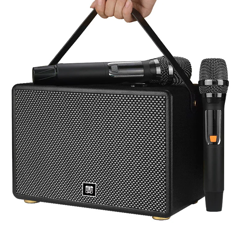 

Деревянные беспроводные Bluetooth-колонки мощностью 90 Вт, дополнительный басовый звук с двумя U-сегментными беспроводными микрофонами, портативный семейный костюм для караоке, КТВ