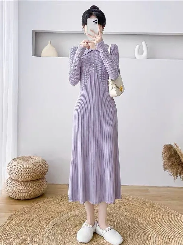 Autumn  Collar Knitted Dress Slimming A-Line Sweater Dress Korean Style Casual Wear for Women in Various Occasions