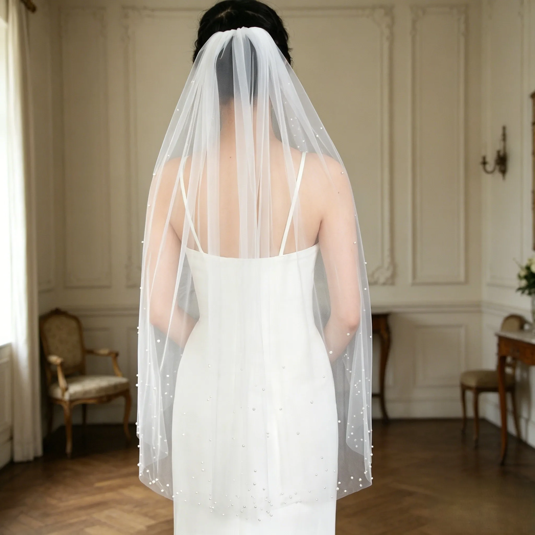 1Layer Beaded Bridal Veil Pearl Dot Tulle Cathedral Trailing Wedding Veil With Comb White Ivory Elegant Wedding Headpiece G40