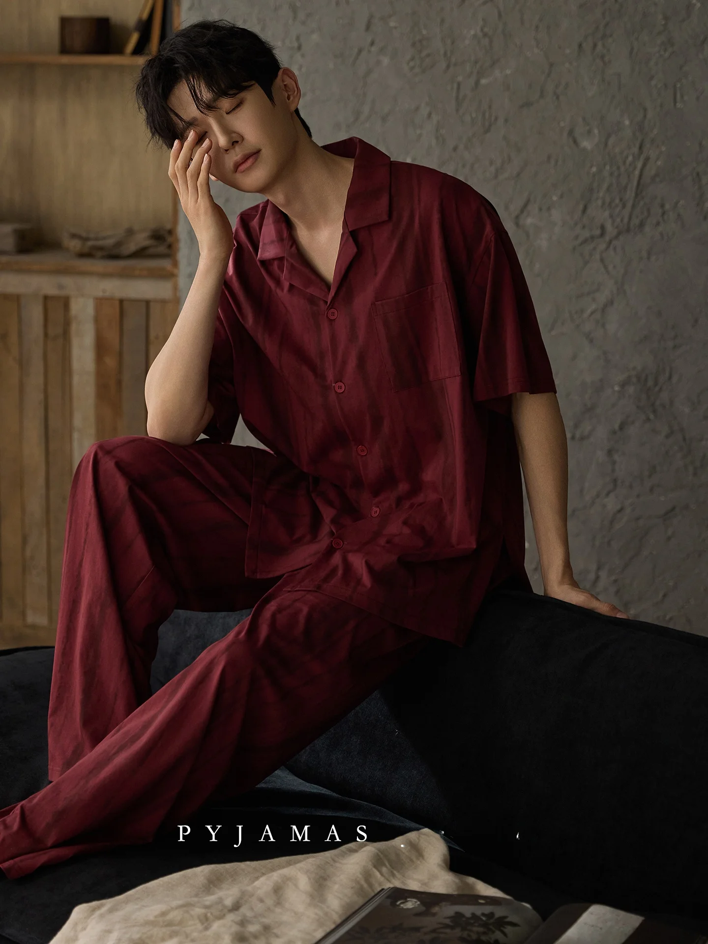 qiaoweni-ropa-de-dormir-para-hombre-primavera-verano-ligera-de-manga-corta-pantalones-largos-con-rayas-rojas-sensacion-fresca-ropa-de-hogar-de-algodon-puro