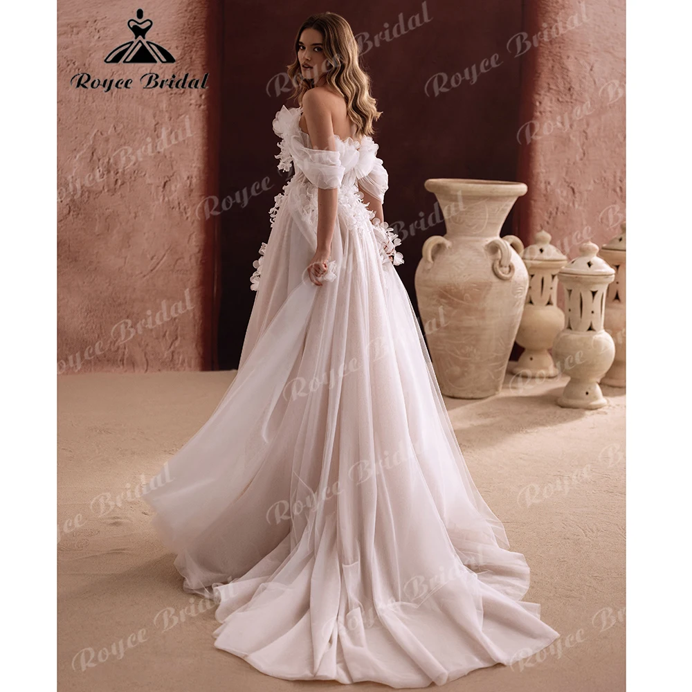Off-the-Shoulder 3D Floral Tulle A-Line Wedding Dress Romantic Bridal Gown with Slit Voluminous Skirt for Garden Customizable