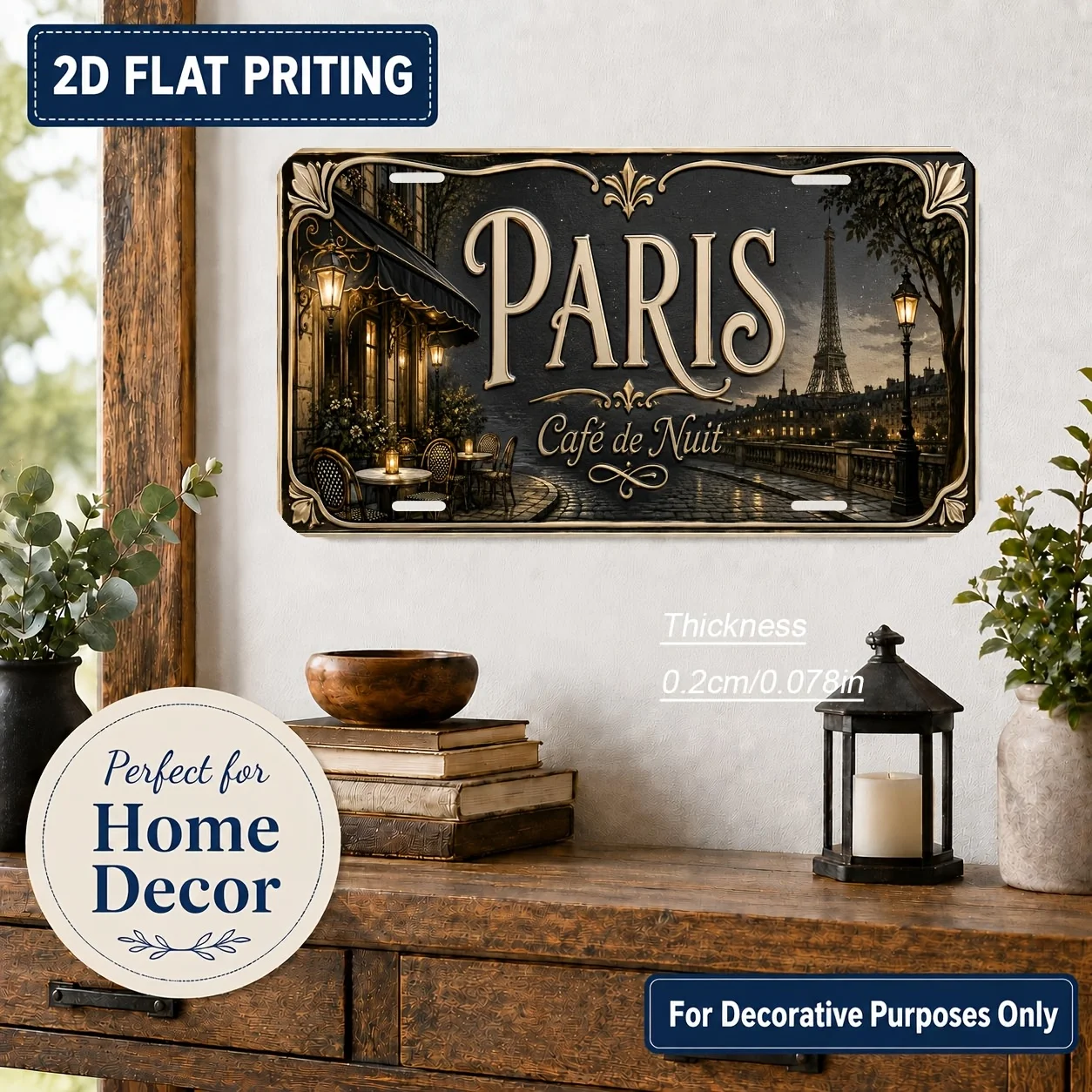 2D Flat, [2D Flat] 2D Flat Print, 1pc, Paris Themed Vintage License Plate, Home Decor, Birthday Gift, Vintage Wall Art, Industri