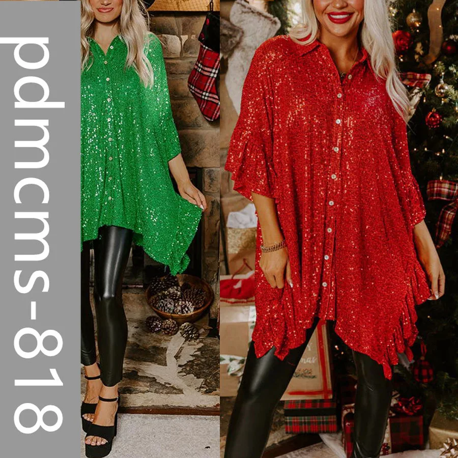 

2025 new European and American autumn and winter Christmas medium-sleeved sequined shirt INS party loose casual women's top