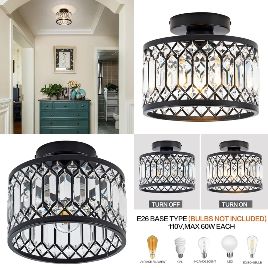 Crystal Ceiling Light Fixture, Modern Semi Flush Mount Ceiling Light, Crystal Chandelier for Kitchen Bedroom Bathroom Entryway