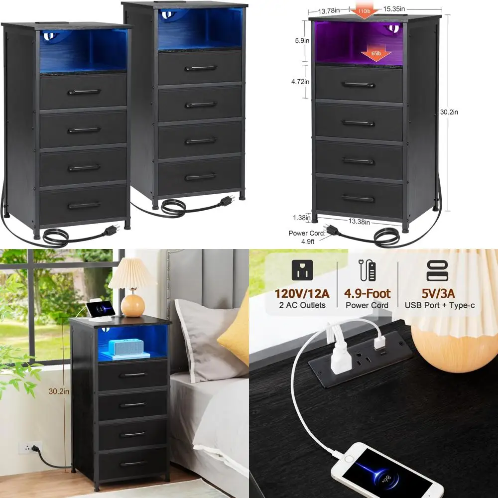 

Pair of Black Tall Nightstands with Charging Station and LED USB Ports for Bedroom