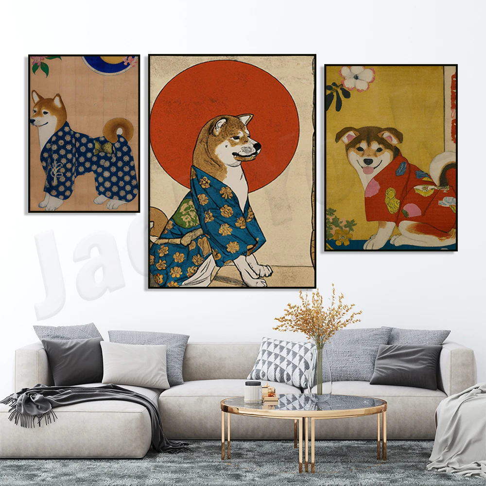 (2D Canvas Painting)  Shiba Inu Red Kimono Ukiyo-e Poster, Japanese Art Canvas Painting Poster Wall Art Picture for Living Ro