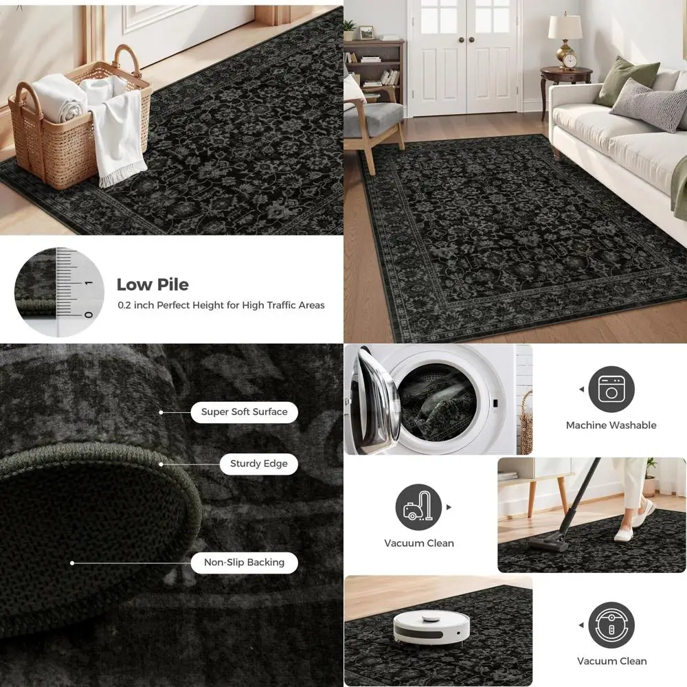 

Washable Area Rug 5x7 - Large Black Boho Living Room Rug Vintage Rugs for Bedroom, Lightweight Retro Carpet Floral Accent Rugs f