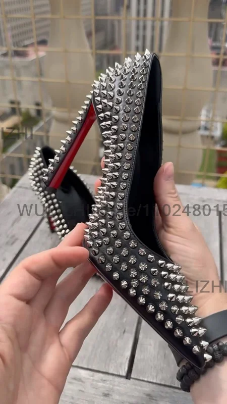 Black Leather Pointed Toe Silver Rivet Sandals Heels Women Patent Leather Sexy Pump Red Girl Shiny Sugarbaby Party Glitter Shoes