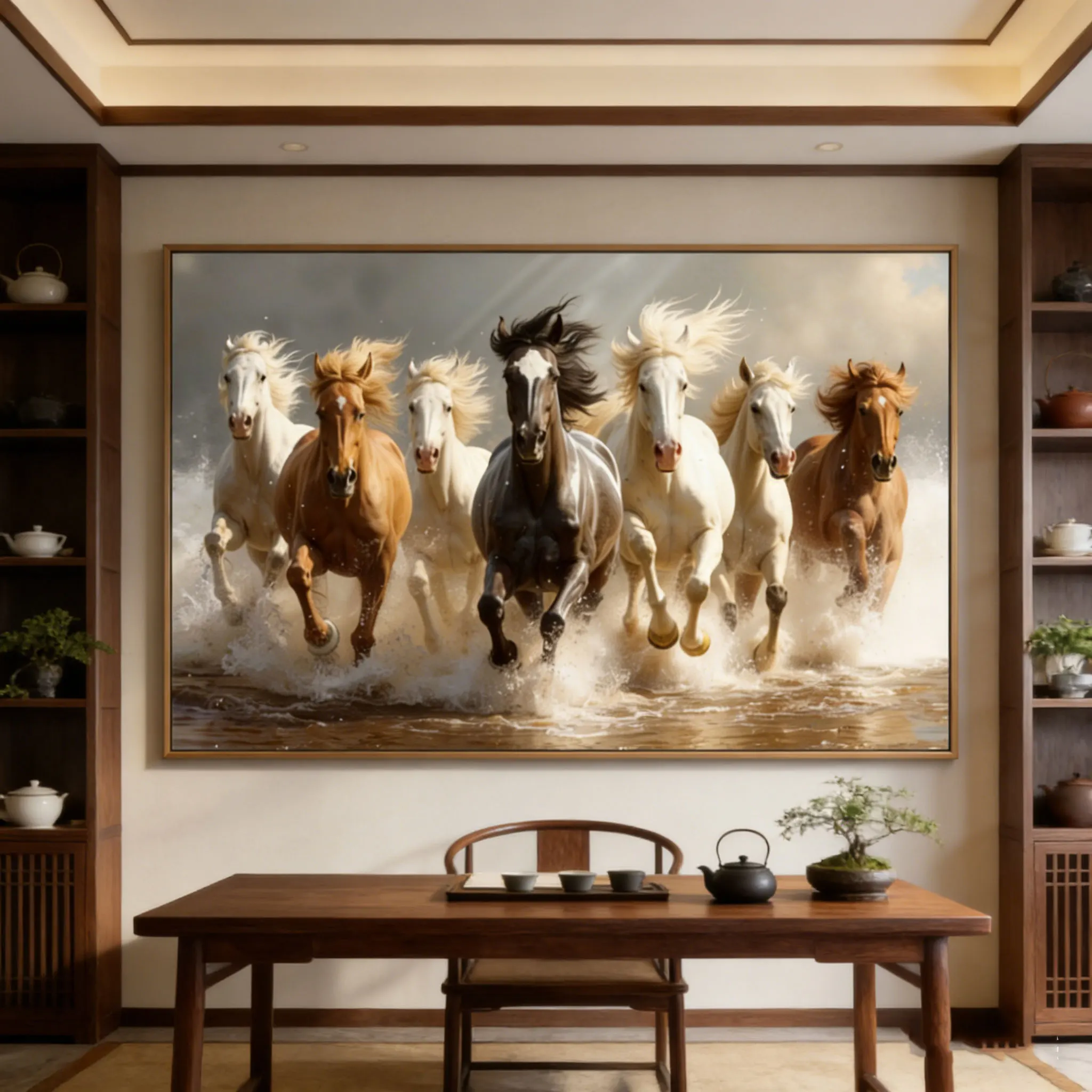 Dynamic Galloping Horses Wall Print Decor - Majestic Panoramic Illustration of 8 Horses Charging Through Water, Blending White,