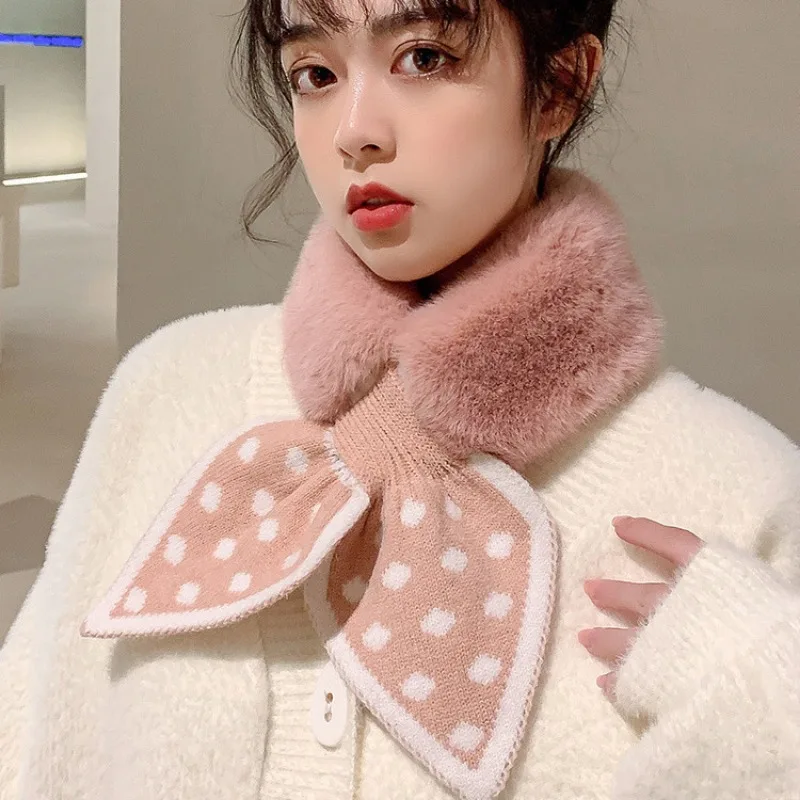 

Девчачий плюшевый шарф в горошек, женский осенне-зимний универсальный шарф для защиты шеи, теплый милый шарф с крестом