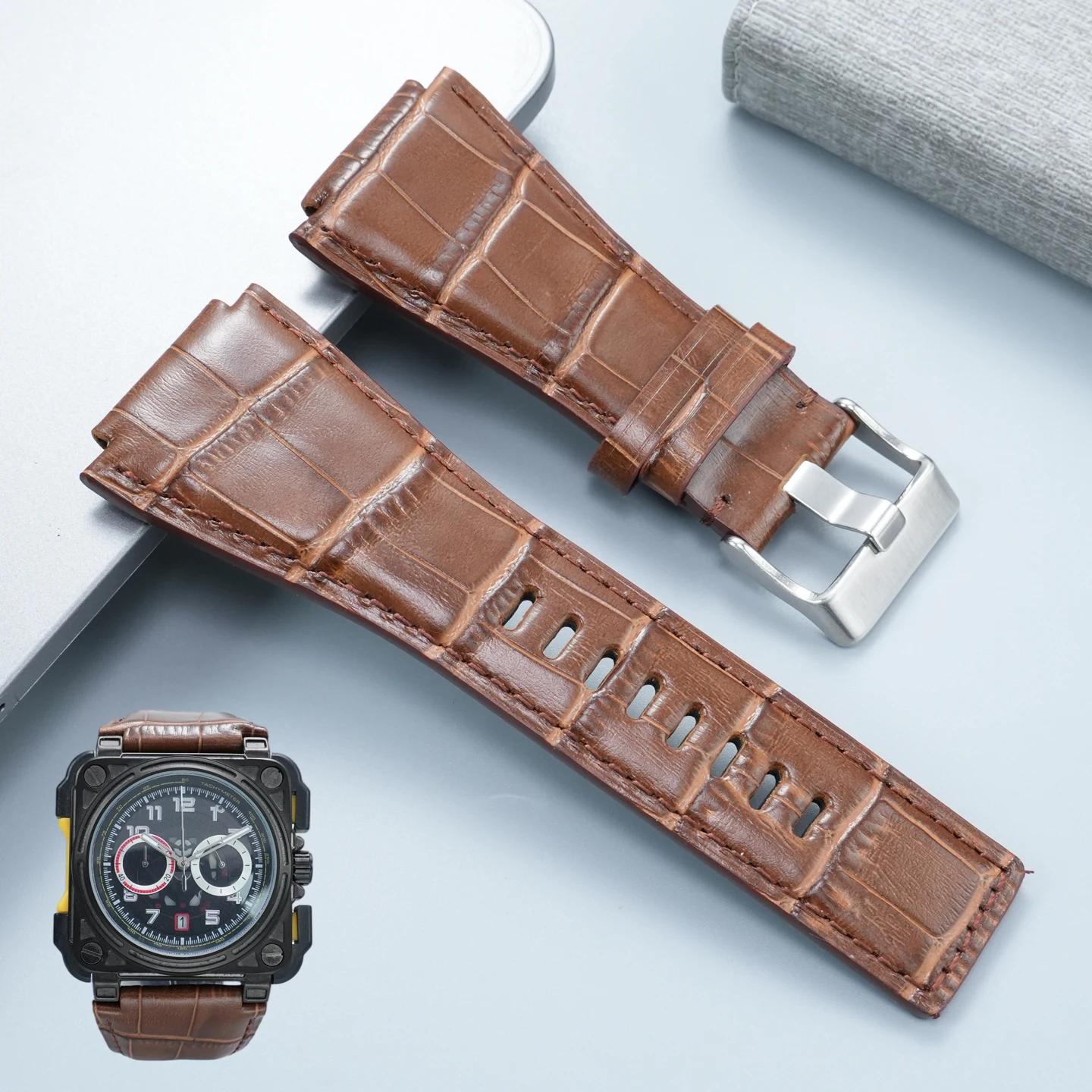 High-Quality, Durable Genuine Leather Watch Strap, 24mm with Raised Edges, for BR Bell & Ross BR01 and BR03 Replacement Straps