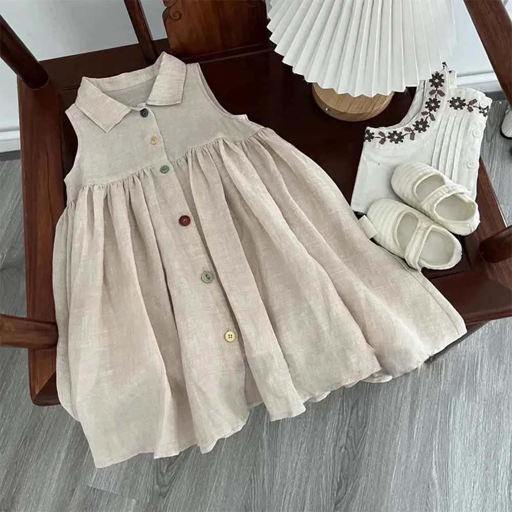 Girls Linen Dress Sleeveless Collar Cotton Linen Breathable Toddler Princess Sundress with Colorful Buttons Kids Casual Dress