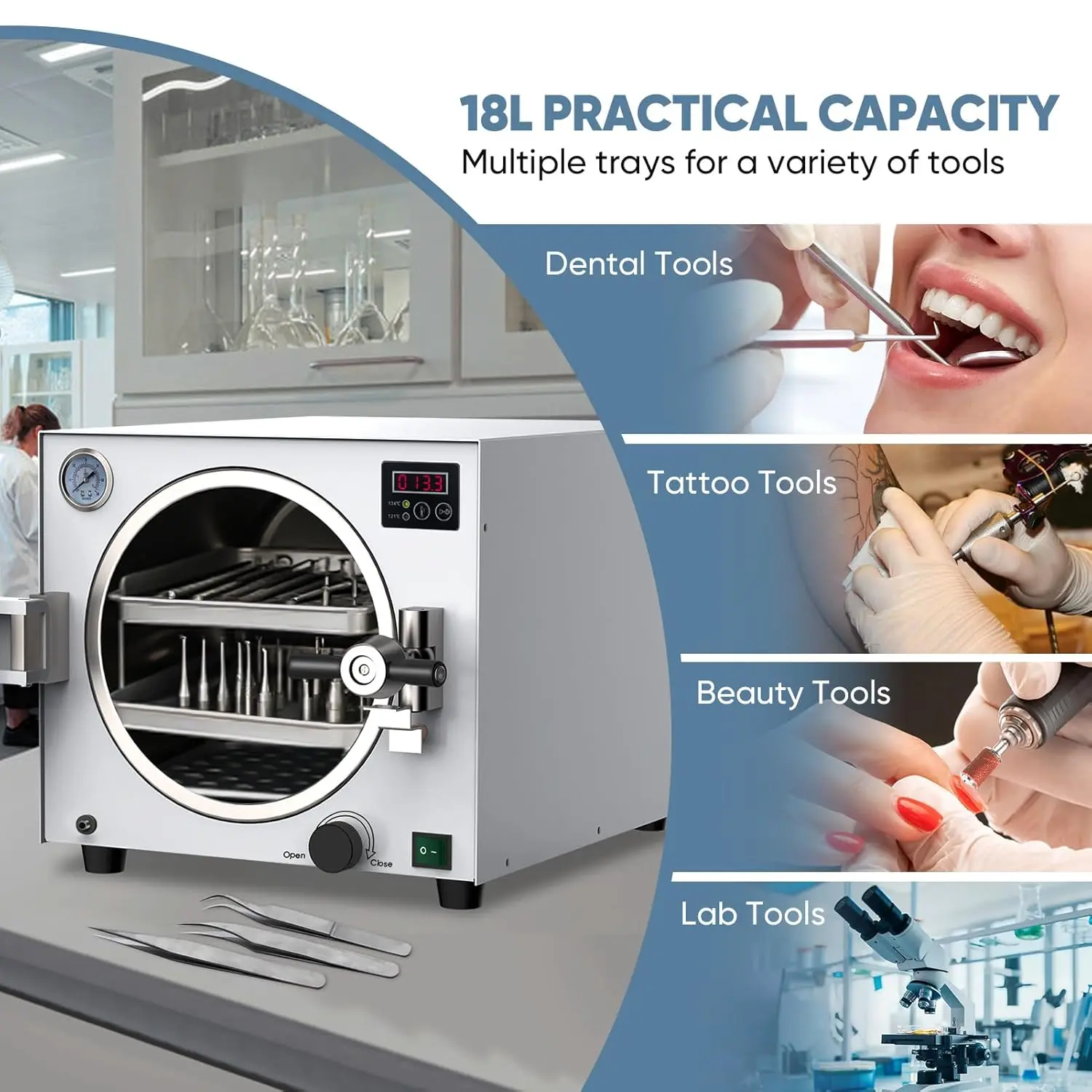 18L Autoclave Sterilizer Tabletop Class N High Pressure Steam Sterilizer Machine Digital Control Fast Cycle Secure Door Lock