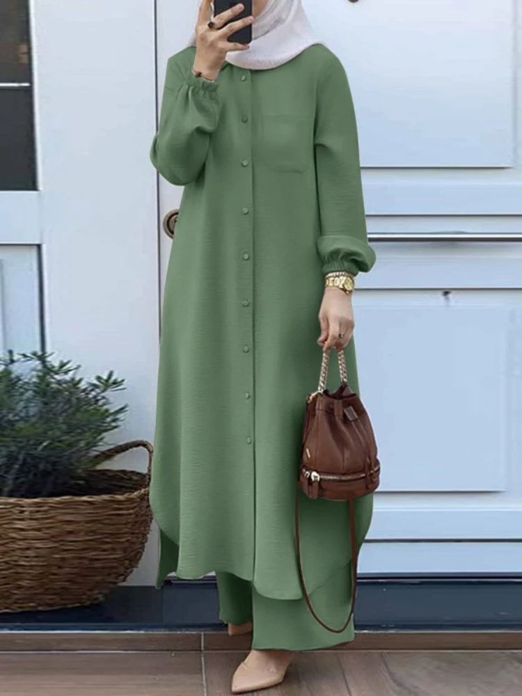 Casual Muslim Dress for Women Blouse 2 Piece Set Long Sleeve Shirt Pant Suits Saudi Arabic Dubai Button Up Dresses Autumn 2023