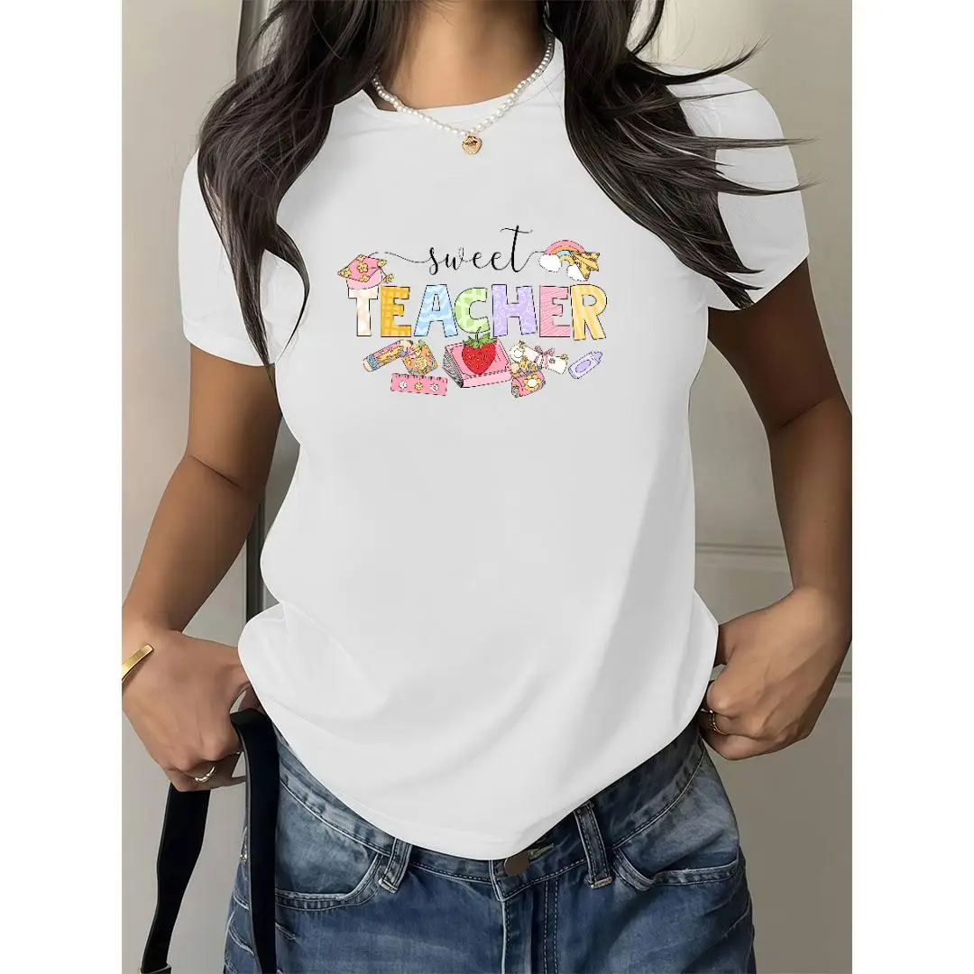 

Women's Sweet Teacher T-Shirt Cute School Supplies Graphic Tee Donut Rainbow Apple Book Print Educator Gift
