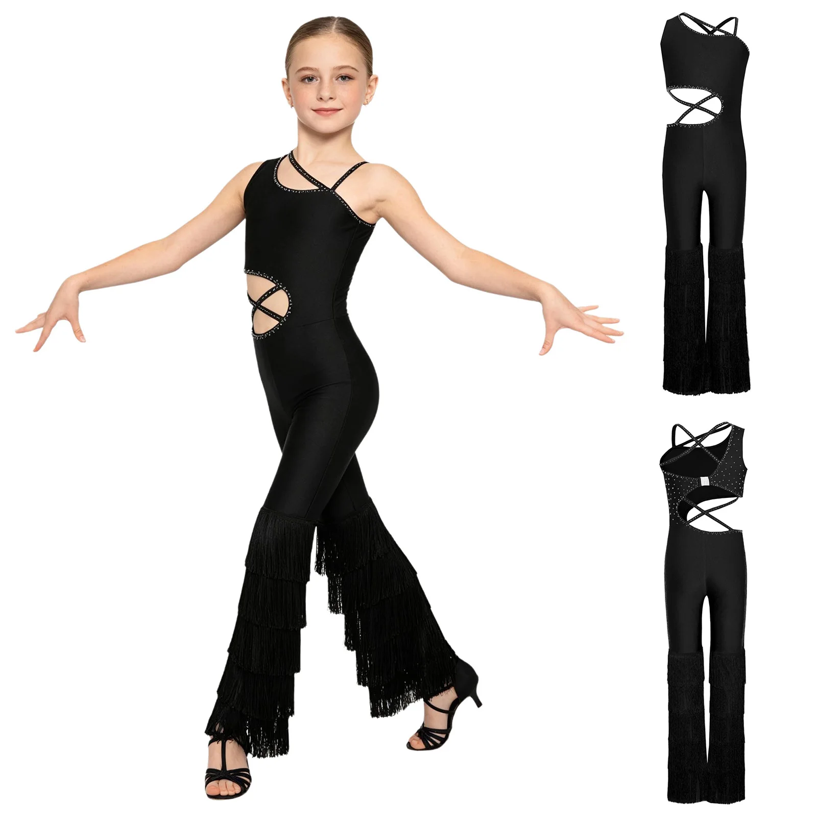 Kids Girls Latin Dance Tango Jumpsuit Sleeveless Shiny Rhinestone Cutout Tassel Cha-cha Samba Rumba Ballroom Bodysuit Dancewear