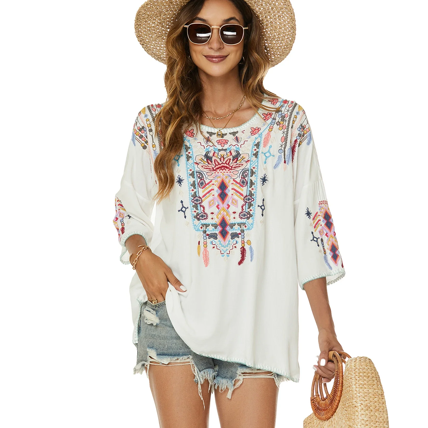 

TEELYNN Boho Vintage White Ethnic Floral Embroidery Blouses Shirts Women Tops Casual V Neck Loose Blouse Summer Beach Blusas