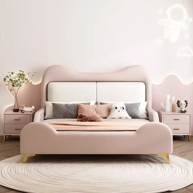 Cream style, master bedroom modern double bed, simple leather