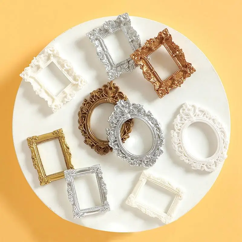 1/12 Scale Mini Resin Frame Gold Silver Tone Dollhouse Photo Frame Wall Hanging Ornament Micro Scene Decoration Supply
