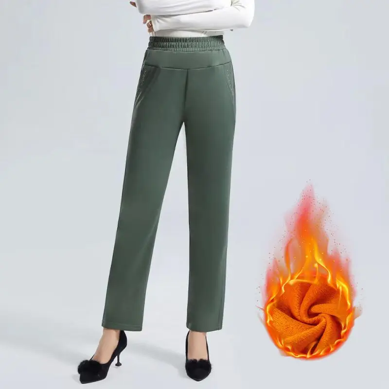 女性用ぬいぐるみストレートレッグパンツ,パッチワーク,ハイウエスト,ポケット,単色,厚く,ゆったりとした伸縮性,ファッショナブル,秋冬