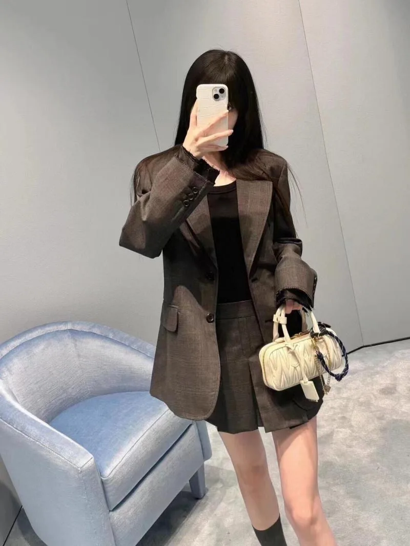 

2024 Autumn New Women's Suit Fashionable and Exquisite Korean Academy Style Women's Grey Wool plaid Suit Coat Versatile