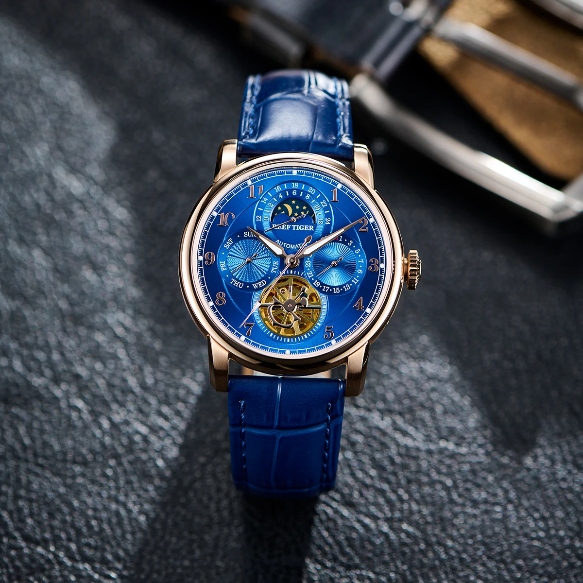 REEF TIGER 1965 Exquisite Belt Fashion Men's Automatic Mechanical Watch Multi functional Sapphire Business Watch Gift RGA1965