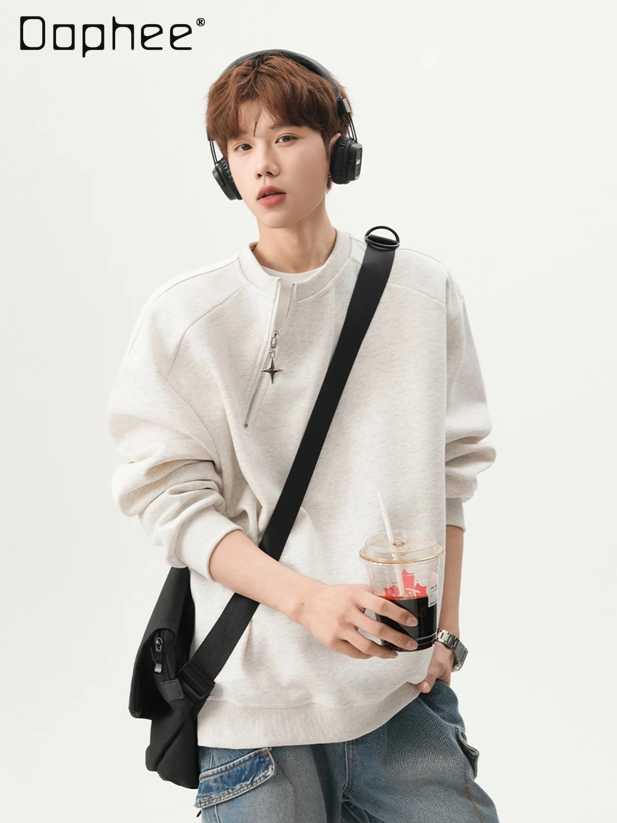 

Spring and Autumn Men's Metal Diagonal Zipper Black Sweatshirt Loose Patchwork Design Long Sleeve American Casual Gray Top