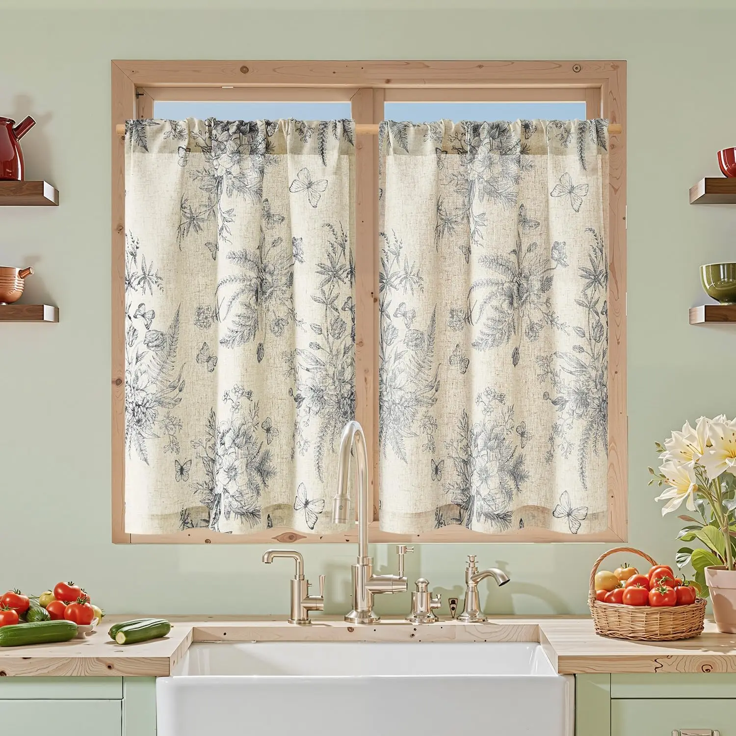 Botanical Fern Curtains Butterfly Print for Kitchen Living Room Window Cottage Farmhouse Decor