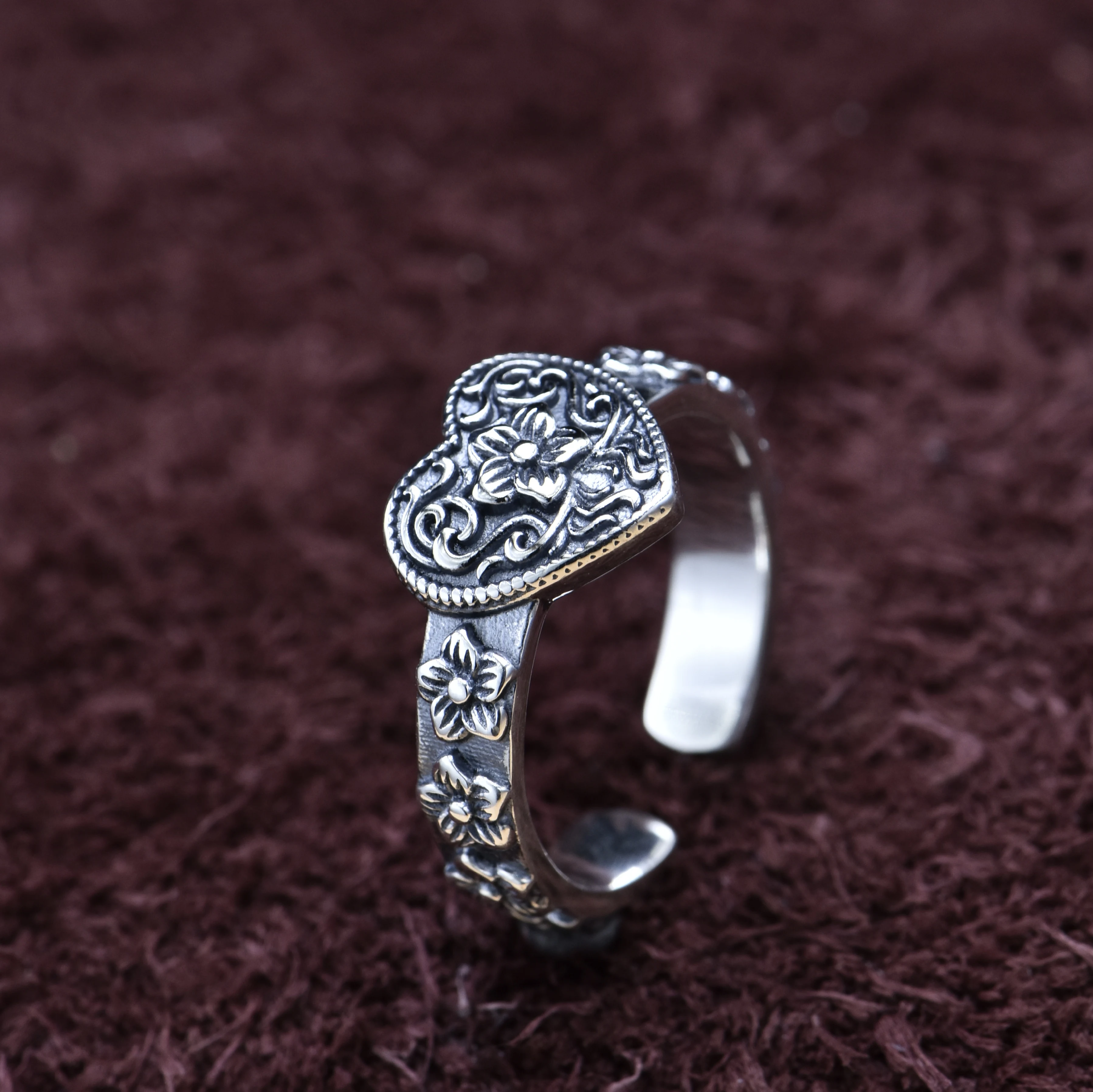 925 silver retro Tang grass pattern ring personalized index finger ring trendy men girls silver accessories ethnic style