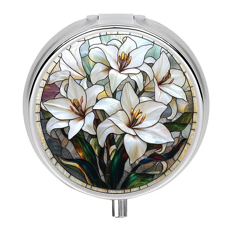 Single-Layer Wallet-Sized Pill Organizer, Three-Compartment Design, with Floral Lily Pattern, Perfect for Storing Vitamins. It Is a Great Addition to Your Wallet and a Unique Gift.