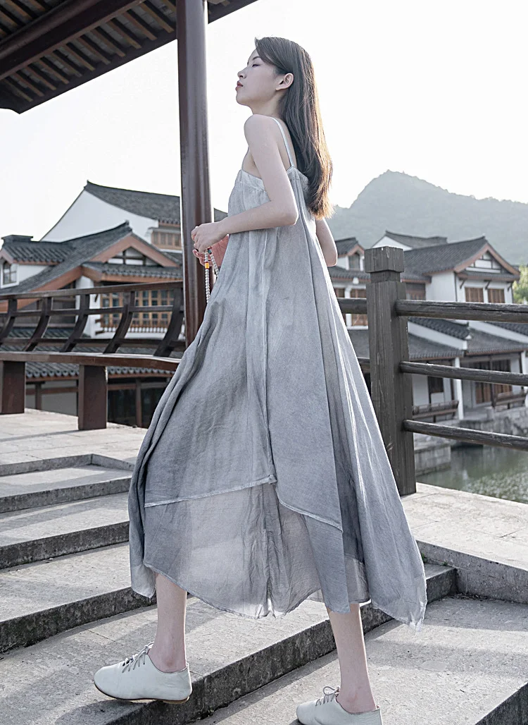 UMI MAO Yamamoto Dark 2022 Spring Summer Ribbon Spray Dyeing Grey Suspender Skirt Dress Female Women Y2K