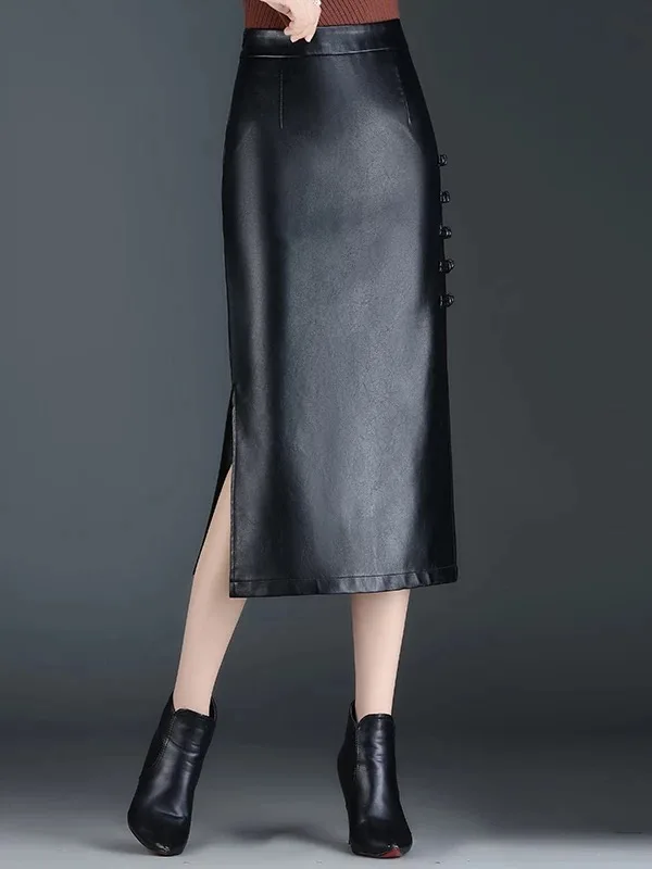Y2K Leather Skirt Women Black High Waist Hip Hugging Split Pu Straight Tube Slimming Midi