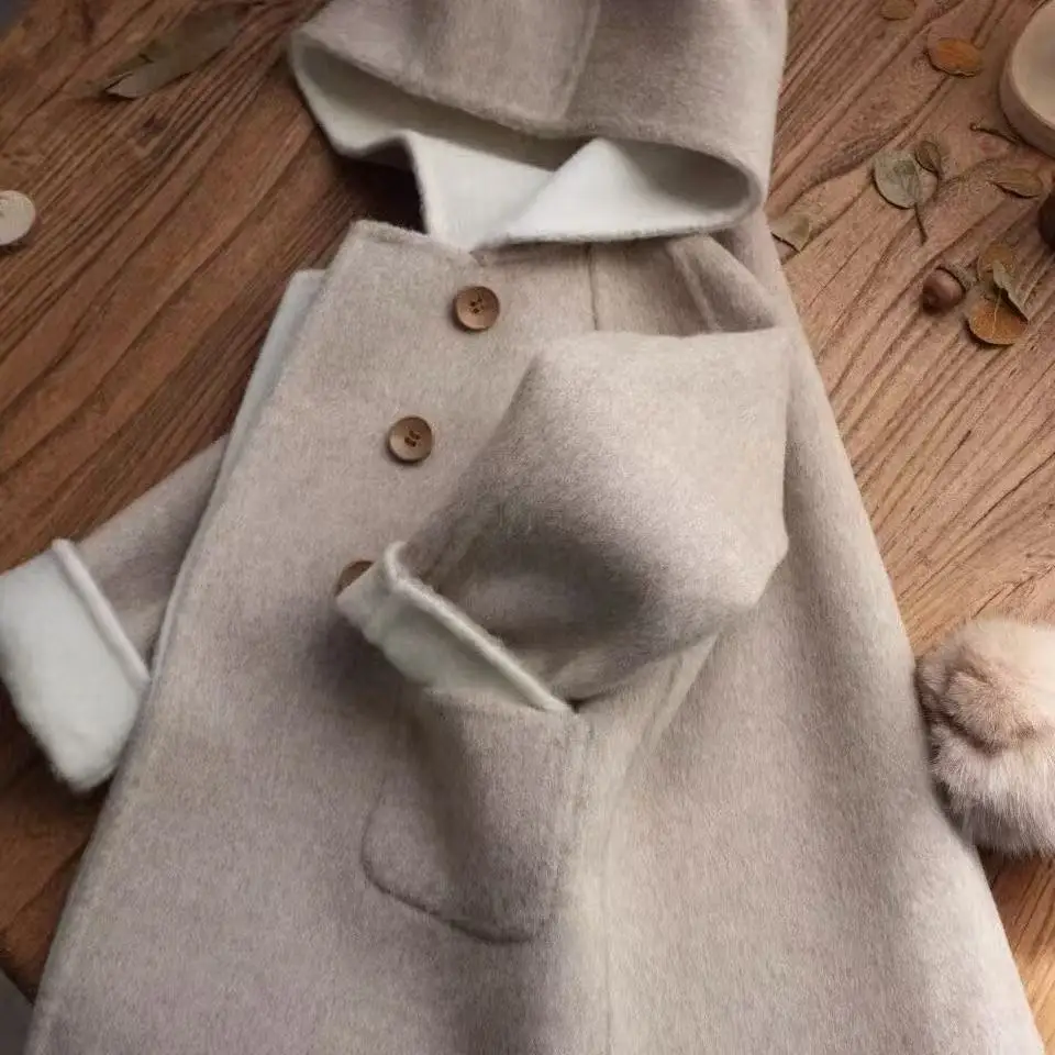 Children's Double Sided Cashmere Coat Autumn And Winter New Style Girls' Woolen Woolen Thick Single breasted Hooded Coat