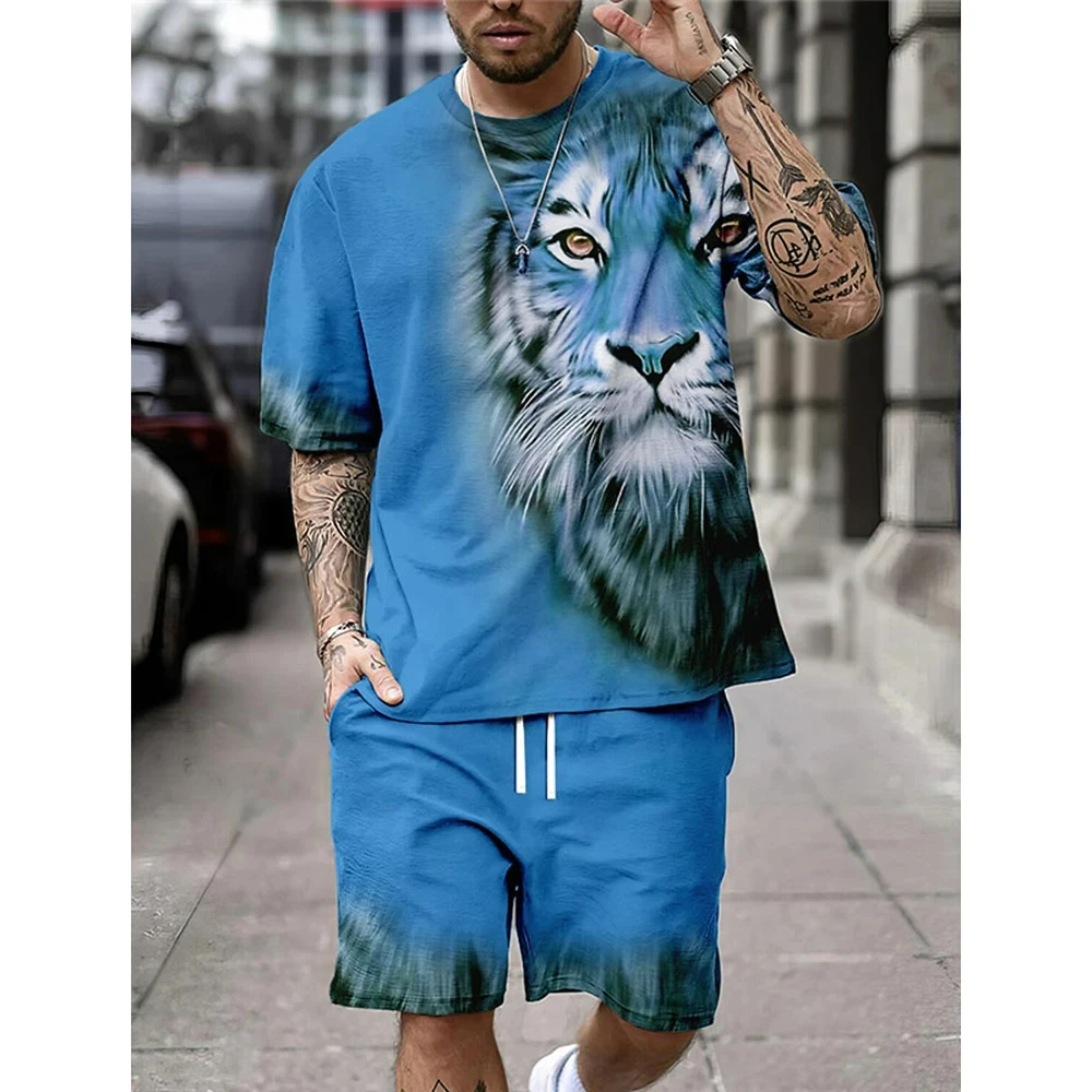 Summer Tiger Graphic Men\'s T Shirts+Shorts 2PCS Outfits Casual Street Shorts Sets 3D Print Male Clothes O-Neck Sportswear Suits