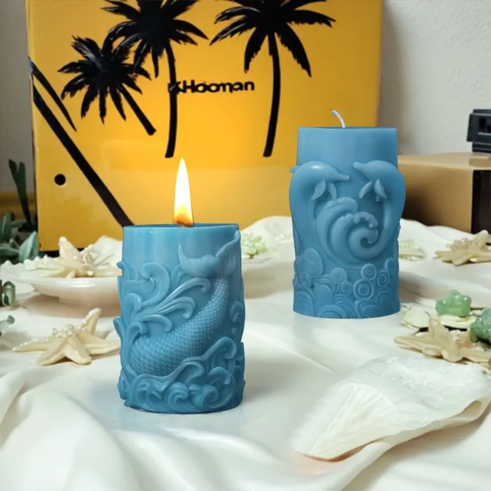 3D Cylinder Relief Silicone Candle Mold DIY Handmade Aromatherapy Soap Ocean Dolphin Candle Mold Craft Gift Home Decor