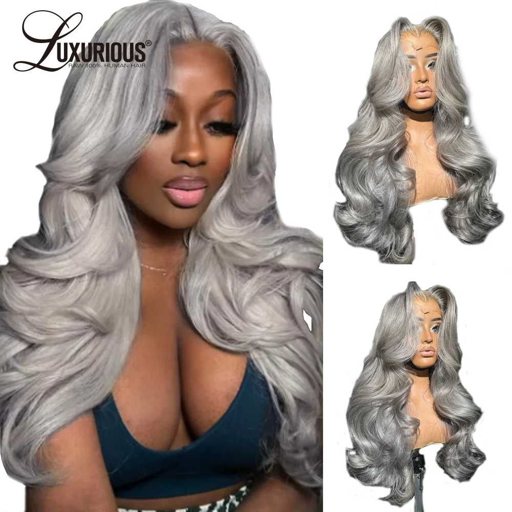 

Silver Grey Body Wave Lace Frontal Wig 13x4 Lace Front Human Hair Wigs For Black Women Preplucked Lace Human Hair Wig Brazilian