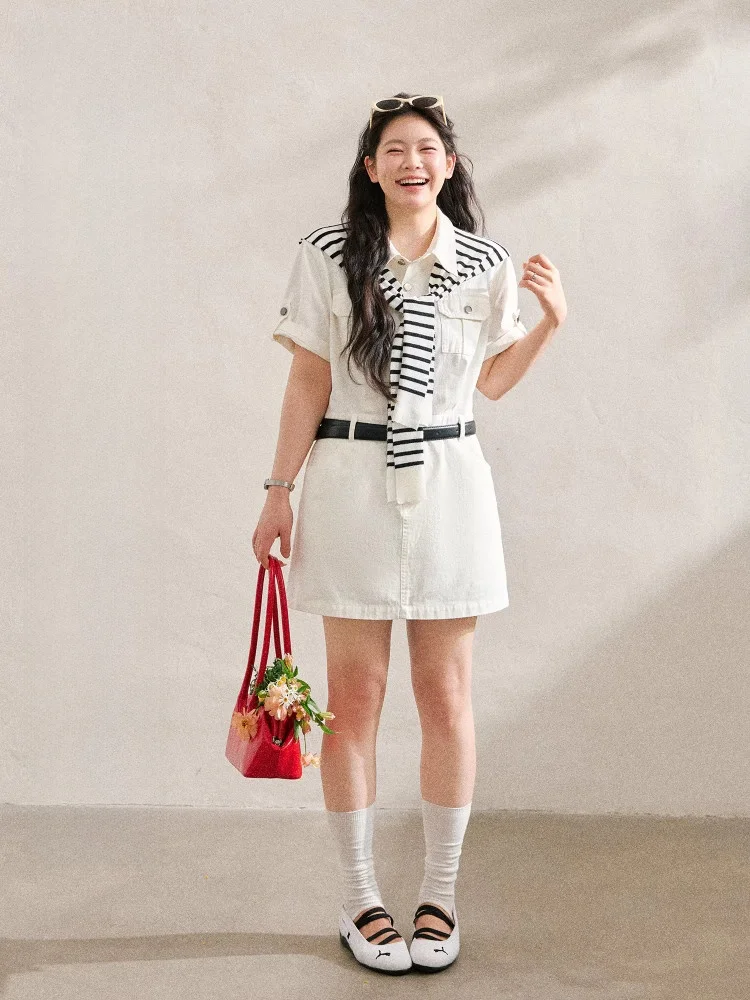 

plus Size Denim Dress Short Sleeve Meat Conceal Slimming Summer Style High Waist Commute Style Korean Version Button Detail