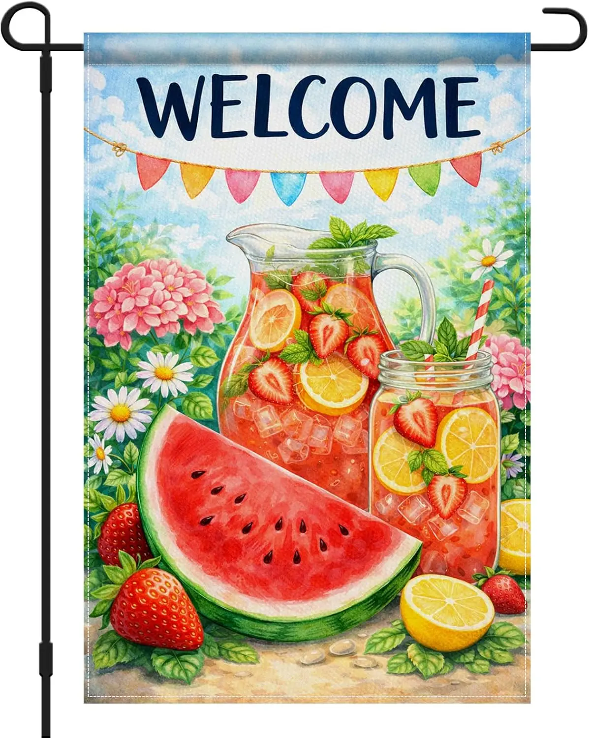 IVN Welcome Summer Garden Flag 12x18 Inch Double Sided Linen Watermelon Strawberry Lemonade Floral Yard Decor for Lawn Porch jjp