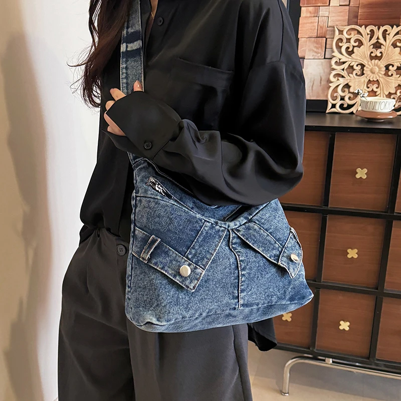 Women Vintage Washed Denim Hobo Bag, Large Capacity Multi-Pocket Adjustable Strap Casual Crossbody Shoulder Tote Handbag