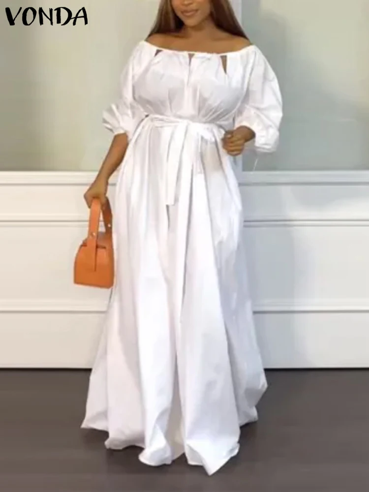 VONDA Elegant Party Maxi Dress Women 2023 Autumn Long Sleeve Dress Sexy Off Shoulder Solid Color Belted Bohemian Robe Vestidos