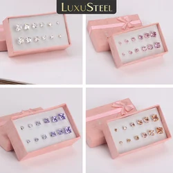 LUXUSTEEL 3-8mm 6Pairs Stainless Steel Square White Crystal Stud Earrings Set for Women Men Fashionable Party Bijoux Accessory