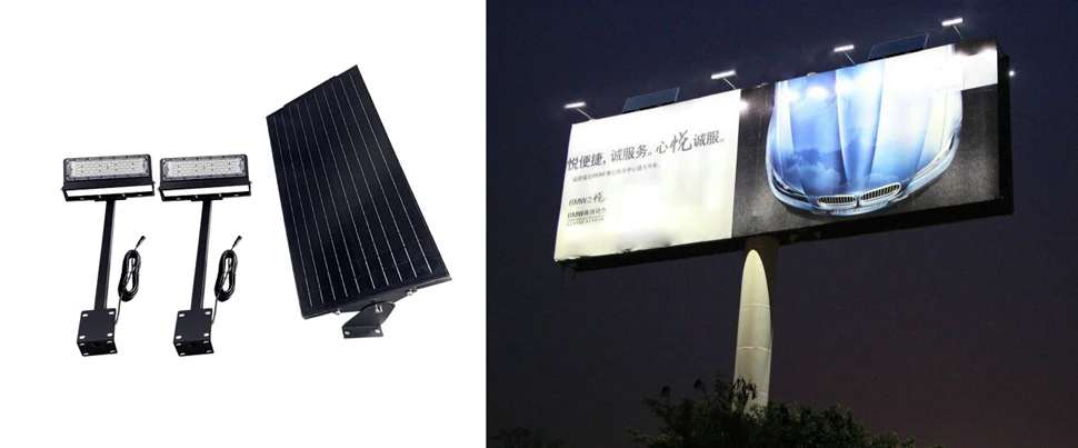 384WH IP65 Solar Powered LED Sign Light with Rotatable 50W Panel for Wall or Pole Mount Outdoor Advertising