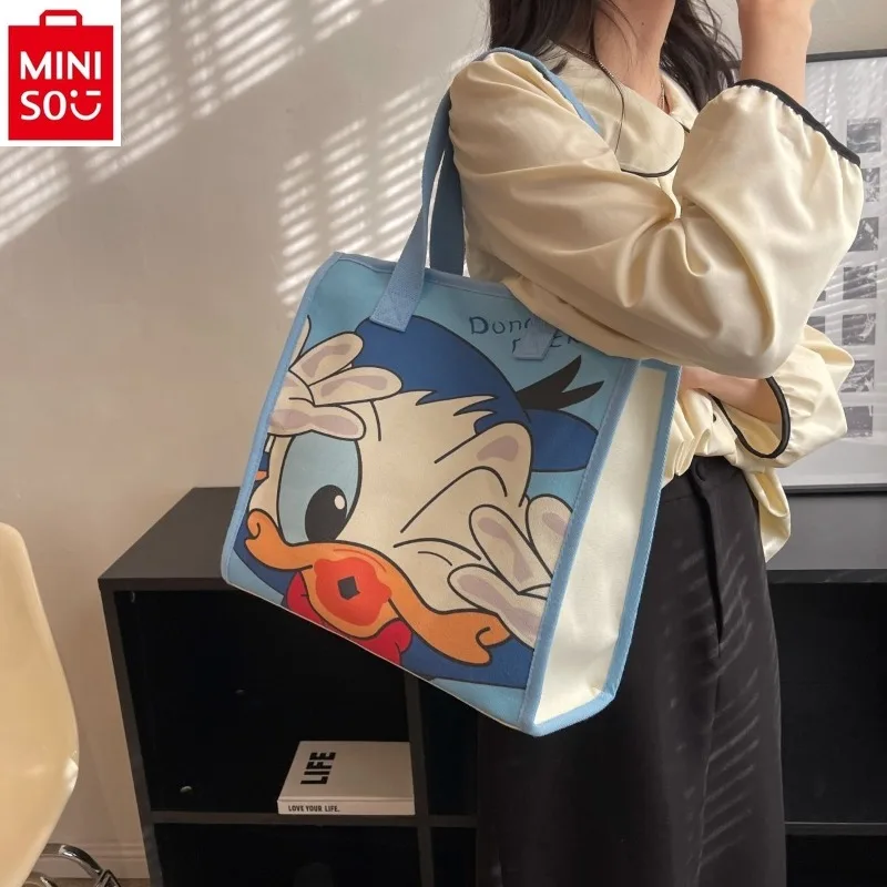 MINISO   Disney Cartoon Donald Duck High Quality Canvas Shoulder Bag Women's Fashion Casual Large Capacity Versatile Tote Bag