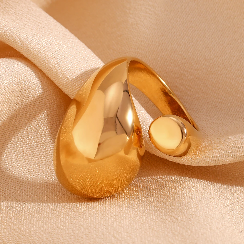 Asymmetric Large Water Droplet Head Smooth Opening Ring 316L Stainless Steel Rings for Women 18K Gold Plated Accessories