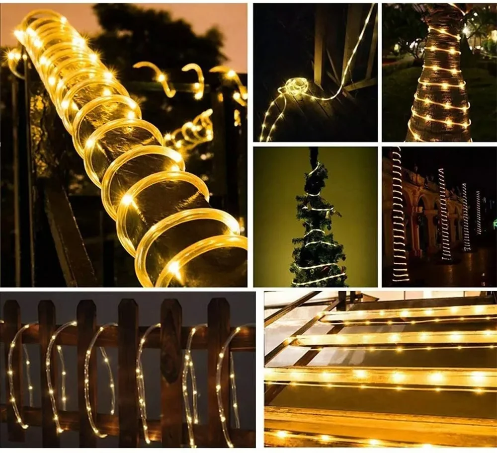 Solar Rope Lights Outdoor 8 Modes Waterproof IP65  RGB Copper Wired Tube LED Rope Lights for Yard Decor 5m/10m/20m