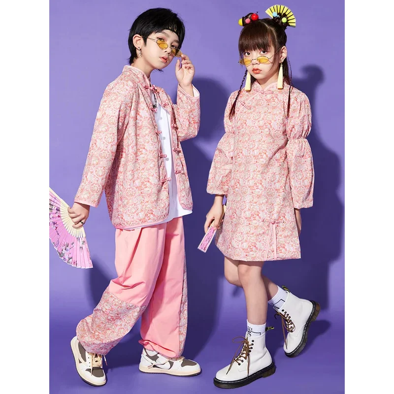

COSda@Pink chinese Style Flowers Printed Clothes Ancient Tang Costume Girl Hanfu Cheongsam for Kid Boy Traditional Cloth