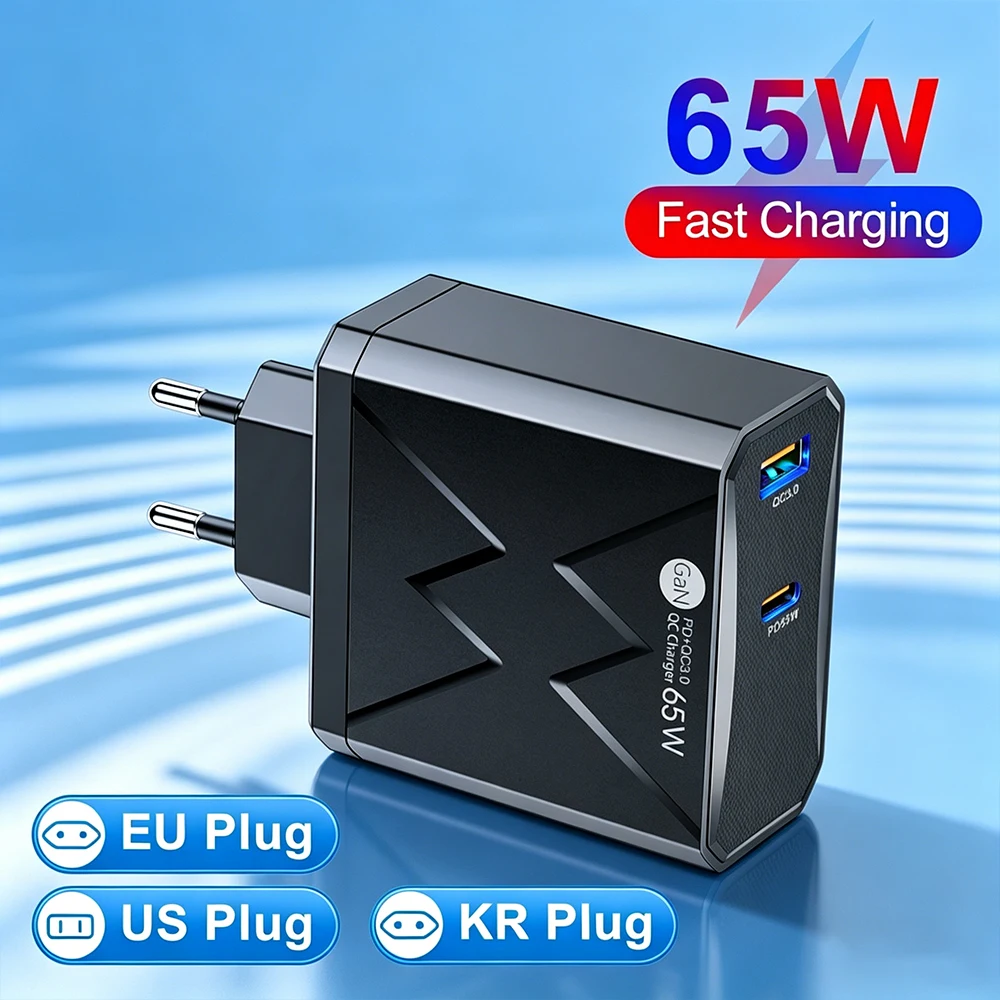 65W GaN USB C Fast Charging 2-Port PD QC3.0 Type C Wall Adapter EU/US/KR Plug for iPhone 15 Samsung Xiaomi Huawei Quick Charge