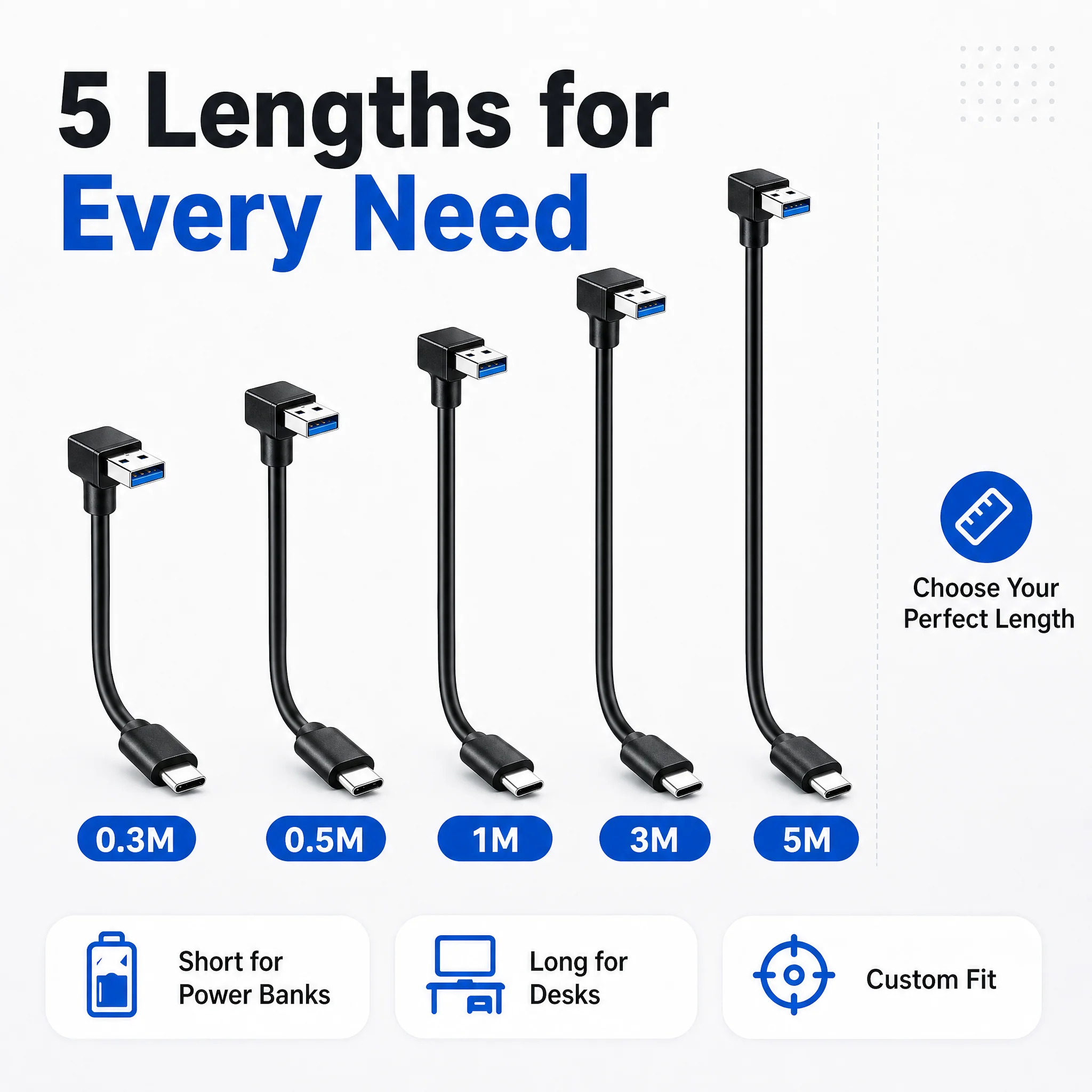 USB 3.0 Extension Cable 90 ° Elbow USB A To Type C Data Cable Male To Male 5GBPS High-speed Transmission 0.3M 0.5M 1M 3M