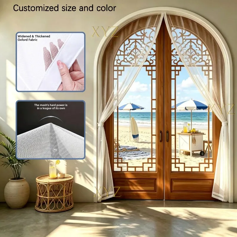 Transparent Door Screen with Dense Mesh and Large Magnetic Block for Arches and Curved Windows, Mosquito Proof White Screen Door